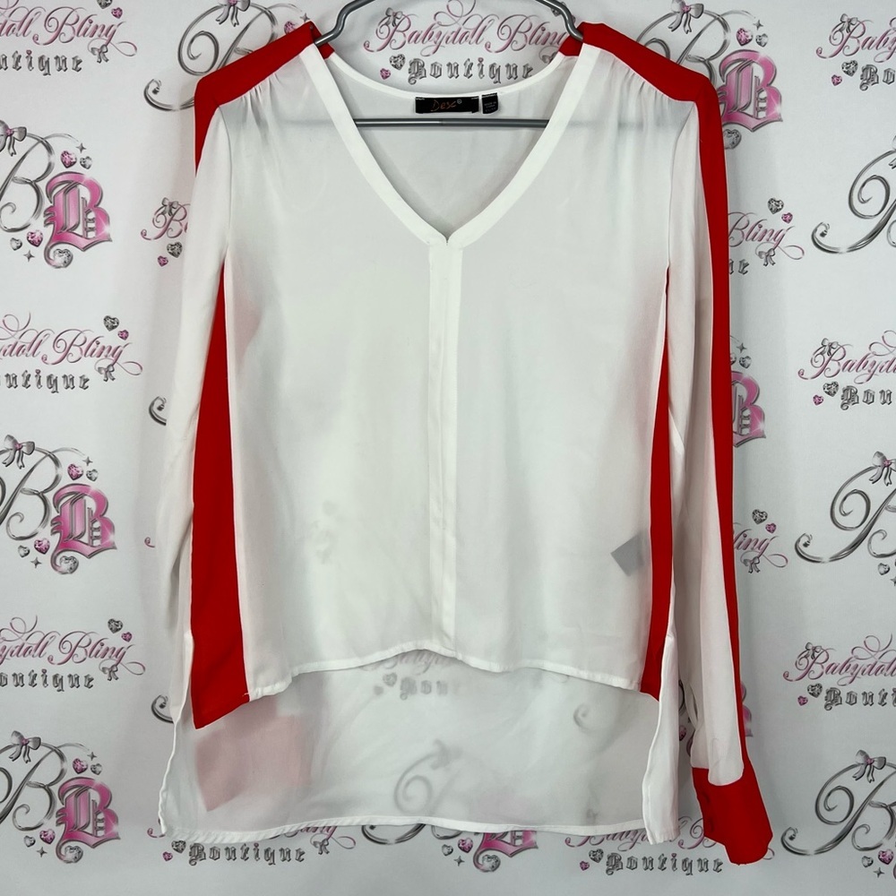 Dex long sleeve blouse buttons on sleeve Red and White V-Neck Blouse sheer flowy